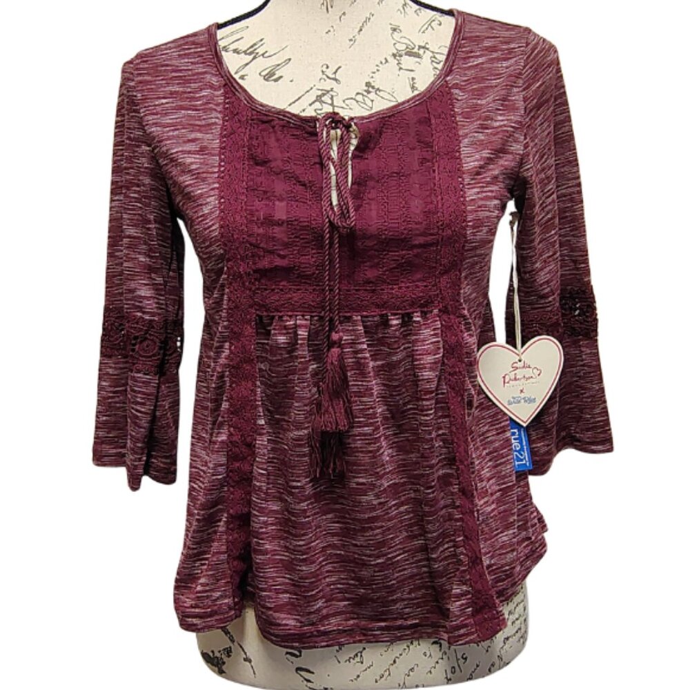 Womens Burgundy Embroidered Peasant Top M Crochet 3/4 Flare Sleeve Boho Fall